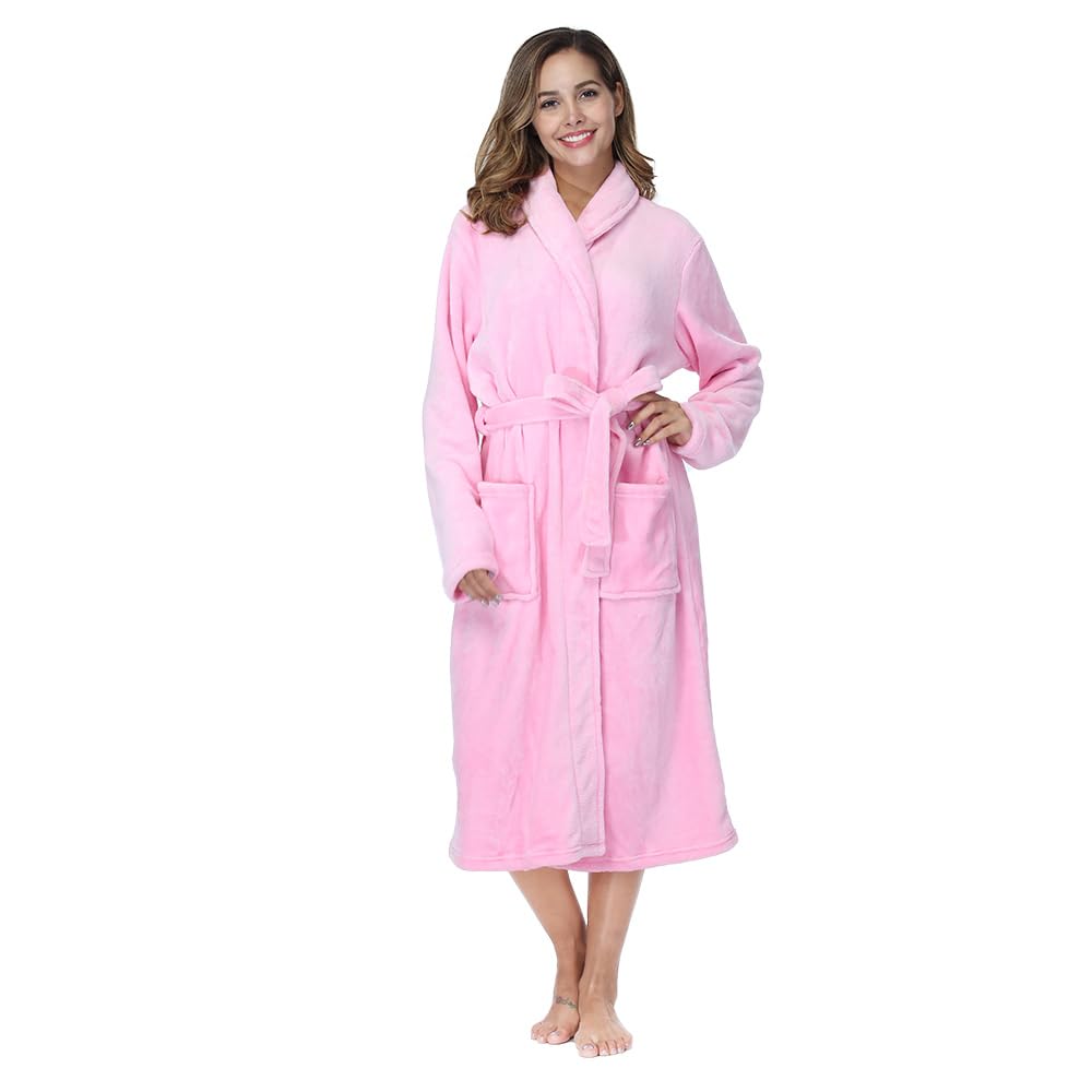 RONGTAI Womens Bathrobe Ladies Fleece Plush Warm Long Robes (X-Large,Pink)