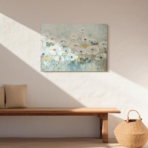 ArtbyHannah Oil Painting on Canvas DIY Kit - Hand-Painted White Flower Wall Art, 28x20 in to be Assembled Wall Decoration with Accessories - Textured Artwork