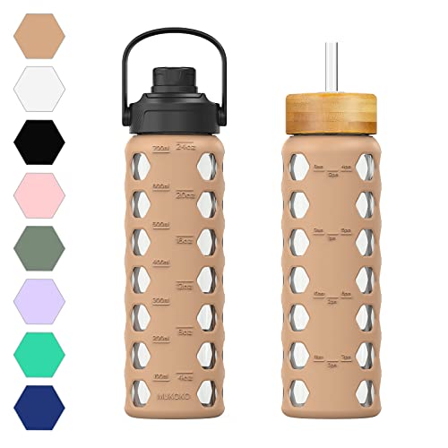 MUKOKO 24oz Glass Water Bottle with 2 Lids-Handle Flip Lid&Bamboo Straw Lid,Motivational Water Tumbler with Time Marker Reminder and Silicone Sleeve, Leakproof-Amber