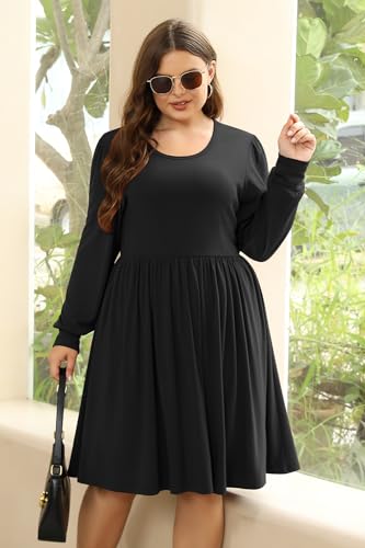 Keluummi Plus Size Women's Flowy Casual Midi Dress with Puffy Sleeves and Pockets - Cozy for Holidays(KEL6021,16,Grey)