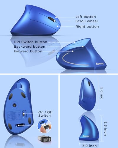 Lekvey Ergonomic Mouse, Vertical Wireless Mouse Rechargeable 2.4G USB Optical Carpal Tunnel Mice : 3 DPI 800/1200/1600 Levels 6 Buttons, for Laptop, PC, Computer, Desktop, Notebook etc, Blue