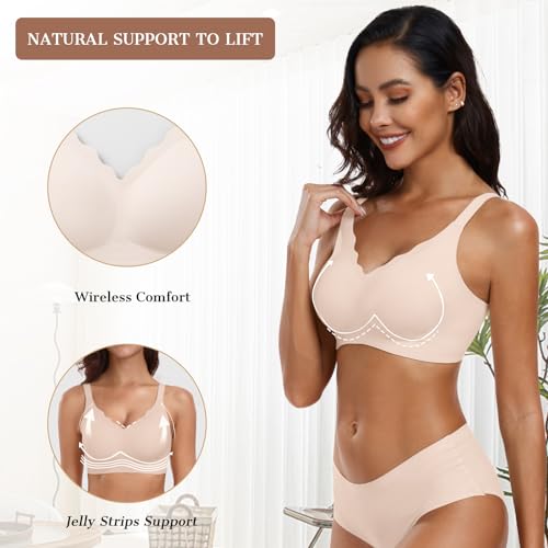 OEAK Womens Comfortable Bra Wireless Bra Push Up Bralettes Soft Seamless Brassiere with Support V Neck Scalloped Everyday Bra Black S