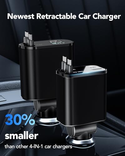 Car Accessories Retractable Car Charger 4 in 1, Compatible with iPhone 16 Car Charger Fast Charging, Type C Retractable Fast Car Charger, 69W USB C Adapter for iPhone 16/15/14/13/12/Galaxy/Pixel