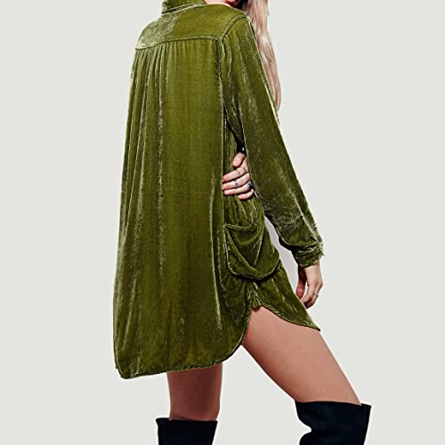 R.Vivimos Womens Velvet Long Sleeve Pocket Casual Mini Shirt Dress (Medium, Teal)