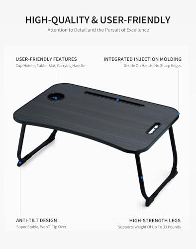 ZEAPTAC Laptop Bed Desk, Foldable Lap Table, Portable Study Table, Laptop Stand with Cup Holder & Tablet Slot & Lifting Handle for Working Writing Drawing & Eating - Black