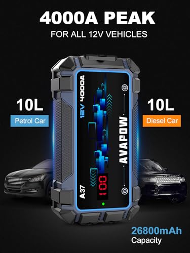 AVAPOW Car Battery Jump Starter 4000A Peak,12V Portable Jumpstart Box for Up to 10L Gas 10L Diesel Engine,PD 60W Fast Charging Lithium Jump Starters Charger Pack