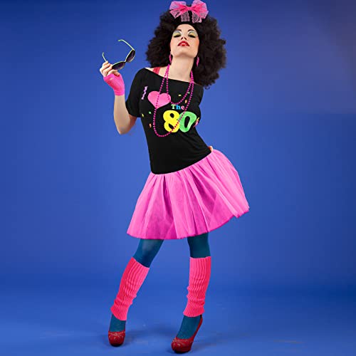 Didaey I Love The 80's Disco 80s Costume Print Off Shoulder Tops Tank Top Headband Earring Necklace Legwarmers Fishnet Gloves (Rose Red,Small)