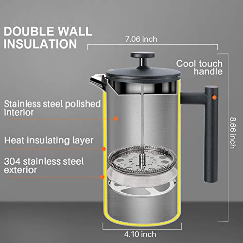 Secura French Press Coffee Maker, 304 Grade Stainless Steel Insulated Coffee Press with 2 Extra Screens, 34oz (1 Litre), Black