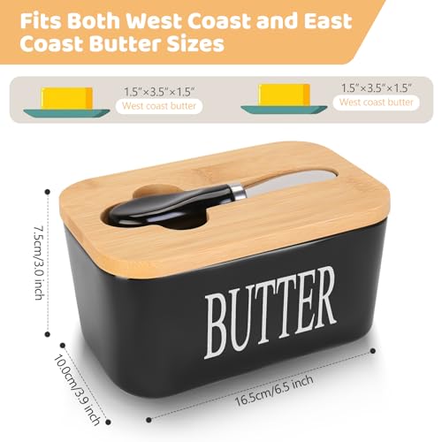 Vermida Butter Dish with Lid for Countertop, 2 Pack Ceramic Butter Container with Knife, Sturdy Butter Keeper with Bamboo Lid Holds 2 Sticks of West or East Coast Butter for Refrigerator, Black&White