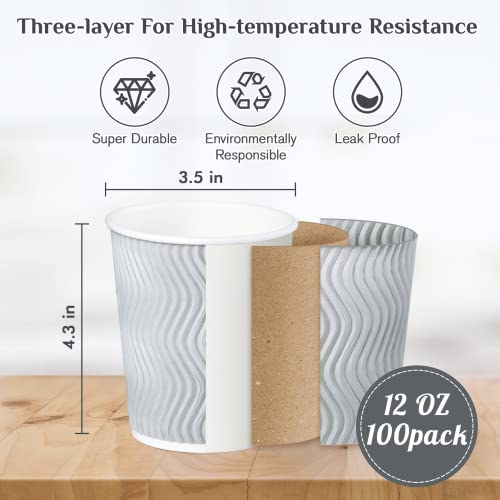 MUCHII 12 oz Disposable Coffee Cups, Paper Coffee Cups With Lids & Straws,100 Count Insulated Ripple To Go Coffee Cups 12 oz for Tea, Hot Chocolate and Drinks (Silver grey)