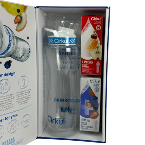 Cirkul 22oz. BPA-Free Plastic Water Bottle Starter Kit with Blue Lid, 2 Flavor Cartridges (1 LifeSip Fruit Punch, 1 FitSip Mixed Berry) Zero Calories and No Sugar