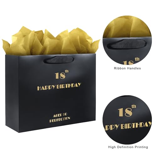 16th Birthday Gift Bag, Black Gold 16h Birthday Bag with Tissue Paper and Greeting Card for Birthday Party, Happy 16th Bithday Gift Bags for Men Women, 12.6" Medium 16th Gift Bags