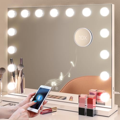 Uliyati Vanity Mirror with Lights and Bluetooth Speaker,Hollywood Lighted Makeup Mirror,15 LED Bulbs,3 Colors Modes,Touch Control,Dimmable USB Charging Port 10X Mirror Metal Frame Tabletop Mirror