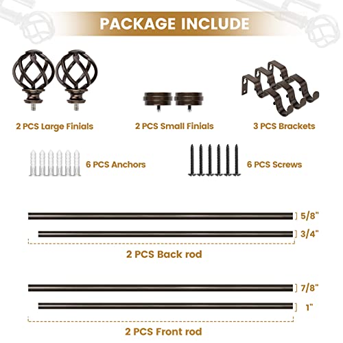 KAMANINA 1 Inch Double Curtain Rods 36 to 72 Inches (3-6 Feet) Window Telescoping Drapery Rod, Antique Bronze Heavy Duty Curtain Rods for Windows 24 to 68 Inches, Twisted Cage Finials