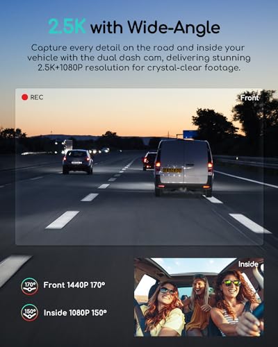 COOAU Dual Dash Cam 2.5K+1080P, Dash Cam Front and Inside, Built-in GPS and WiFi, Dash Camera for Cars, Perfect for Uber and Taxi Drivers, Night Vision, Accident Record, 24Hr Parking Mode