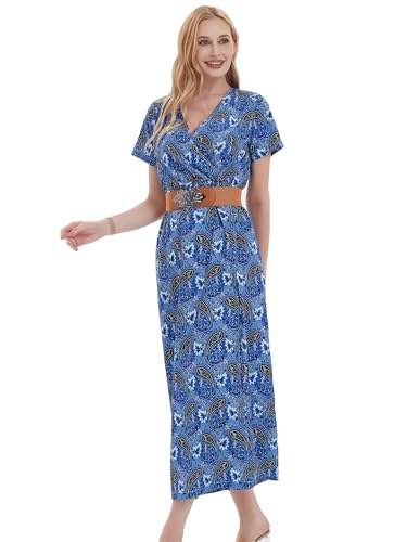 MessBebe Womens 2024 Summer Floral Maxi Dress Wrap V Neck Short Sleeve Beach Party Flowy Long Boho Dresses with Belt Blue
