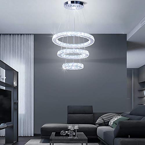 Dixun LED Chandeliers Modern Ceiling Light Fixture 3 Rings Adjustable Stainless Steel Pendant Light Chandelier for Bedrooms Living Room (Cool White)