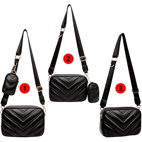 Herald Chevron Quilted Small Crossbody Bag with Coin Purse Pouch, Women Square Camera Side Shoulder 2 Size Handbags (Black)