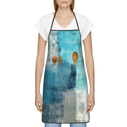 BOKEKANG Modern Art Abstract Gery Turquoise Oven Mitts and Pot Holders With Apron Set of 5 Silicone Teal Kitchen Mitten Gloves and Non-Slip Teal Potholders Cooking Apron Set Heat Resistant for Kitchen