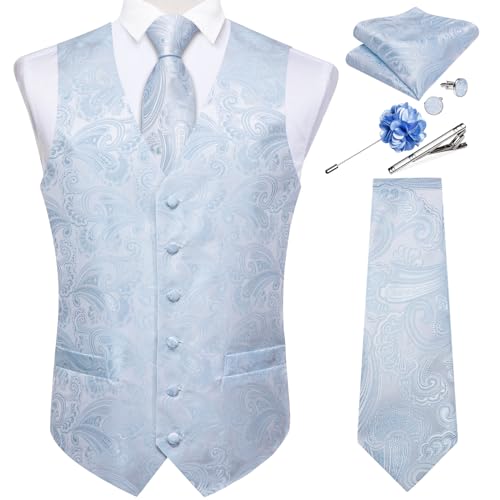 DiBanGu Mens Paisley Vest Tie Set with Lapel Pin Tie Clip 7PCS Silk V-Neck Suit Waistcoat and Necktie for Tuxedo Wedding, Royal Blue and Black, Medium