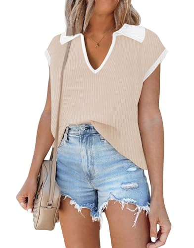 Womens Cap Sleeve Sweaters Tops 2024 Striped Sleeveless Vest Knit Tops Casual Summer Color Block V Neck Short Sleeve Shirts(S.Apricot)