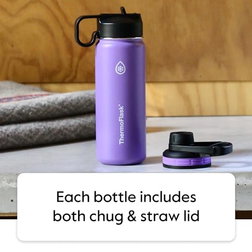 ThermoFlask 24 oz Double Wall Vacuum Insulated Stainless Steel Water Bottle with Spout and Straw Lids, Black