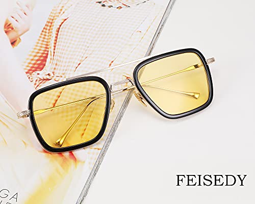 FEISEDY Retro Square Sunglasses Tony Sunglasses Trendy Night Yellow Lens Sun Glasses B2510