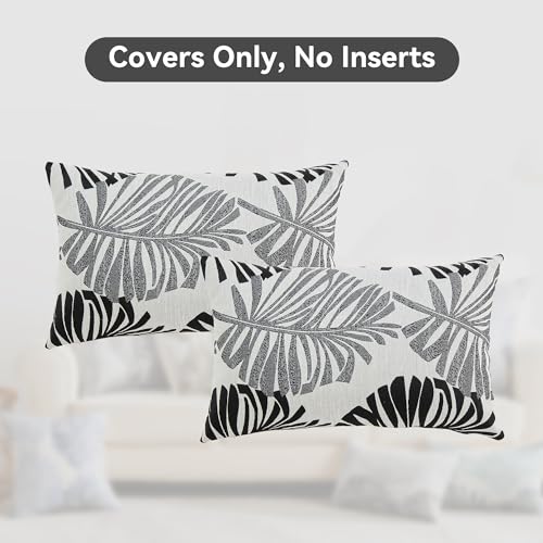 JELLYMONI Leaf Throw Pillow Covers, Decorative Couch Pillow Covers with Jacquard Design, Set of 2, Soft Breathable Cushion Cover Decor for Living Room Bedroom (12"x20", Black)