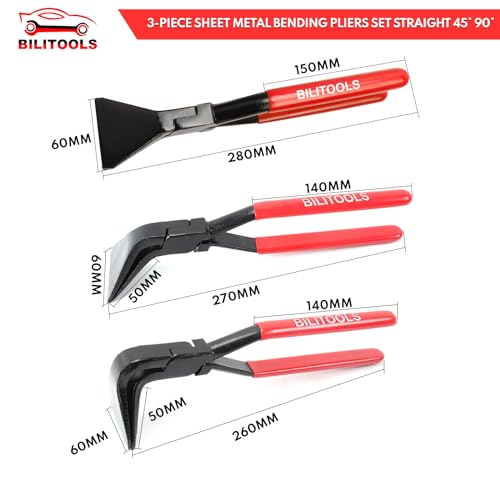 BILITOOLS 3-Piece Hand Seamer Sheet Metal Tools, Sheet Metal Bending Pliers Set Straight, 45° & 90° Bending Tool Comfort with Grip Handle