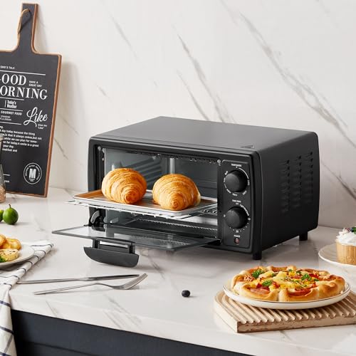 COMFEE' Toaster Oven Countertop, Small Toaster Ovens Combo 4 slice, Mini Oven for 9" Pizza, Compact Oven 2 Racks for Toast, Bake, Broil, 950W, Black, CTO-E101A(BK)