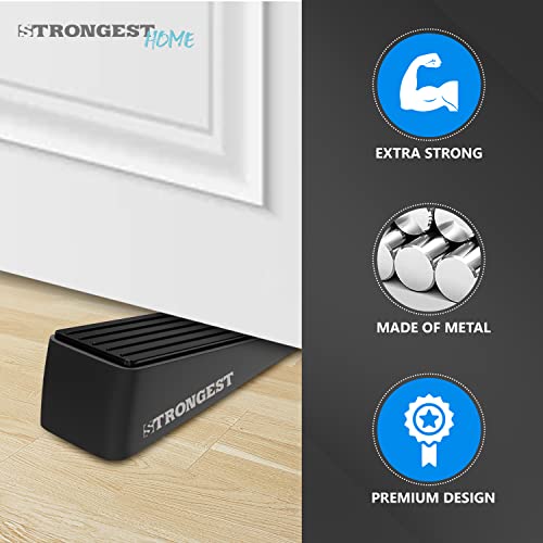 Strongest Door Stopper, Heavy Duty Door Stop Wedge Made of Premium Quality Zinc and Rubber Suits Any Door,Any Floor. Set of 2 and Additional Self Adhesive Wall Protectors (Black, 2 Pack)