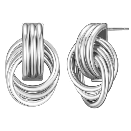 SWEETV Silver Statement Geometric Dangle Drop Earrings for Women, Trendy Chunky Twisted Knot Link Earring Dupes, Fashion Women's Stud Earrings Jewelry Gift,Silver