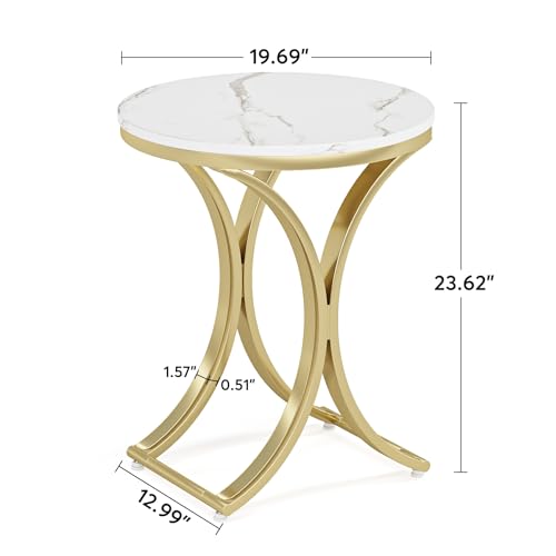 Tribesigns Small Round Sofa Side Table, Faux Marble White and Gold End Table, Contemporary Side Table Bedside Coffee Table (1PCS)