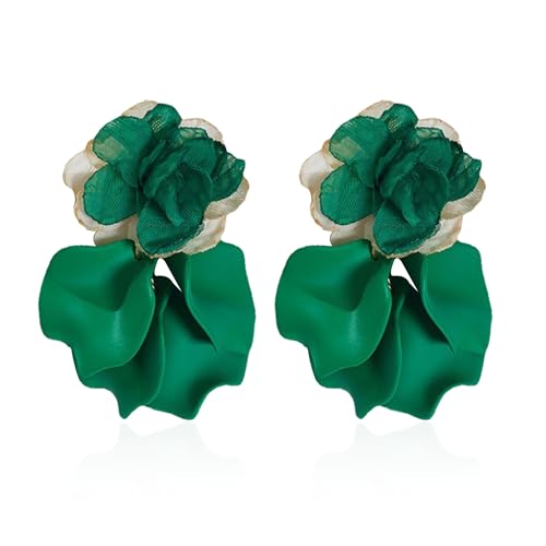 GUOXIAOMEI Chiffon Acrylic Rose Petal Earrings Dangle Exaggerated Flower Earrings Drop Statement Floral Tassel Light Weight Earrings Valentine's Day Gift (Green)