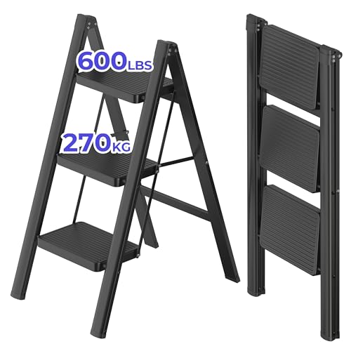 JOISCOPE 3 Step Ladder,Lightweight Folding Step Stool with Anti-Slip Pedal,600 lbs Portable Sturdy Steel Ladder for Adults,Multi Purpose Folding Ladder for Home Kitchen Office,Space Saving,Black
