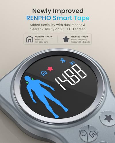 RENPHO Tape Measure, Smart Body Measuring Tape Weight Loss, Body Measurement Tape with Large Display for Fitness Shape, Measure Circumference Length, 60in /150cm