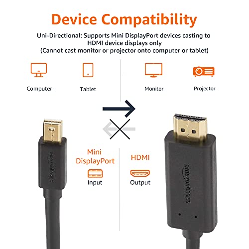 Amazon Basics Mini DisplayPort Male to HDMI Male Cable, 1080p, Gold-Plated Plugs, 6 Foot, Black for Personal Computer