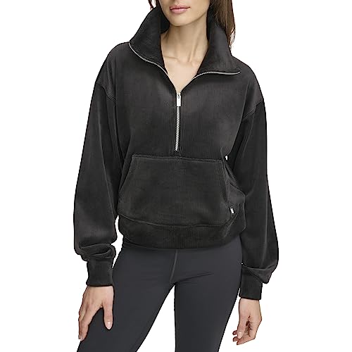 DKNY Women's Performance Long Sleeve Tech Velour Rib Half Zip, Black