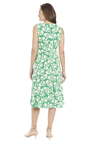 London Times Women's Plus Size Sleeveless Inset Waist Midi Fit and Flare Dress, Green/Soft White