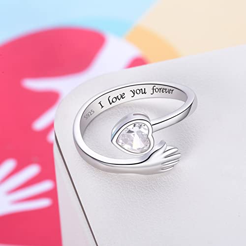 ACJFA 925 Sterling Silver Hug Ring for Women Teens I Love You Gifts for Her 12 Birthstones CZ Adjustable Ring Jewelry Mothers Day Birthday Holiday Gifts