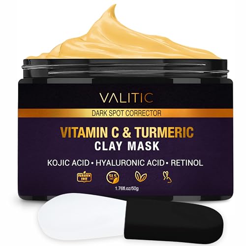 VALITIC Vitamin C & Turmeric Clay Mask - Dark Spot Corrector with Kojic Acid, Hyaluronic Acid & Retinol - Skin Care Routine for Minimizing Pores & Blackheads - with Applicator Brush - 50g