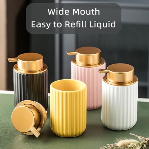 Decorative Foaming Soap Dispenser, Ceramic Lotion Dispenser for Bathroom, Vertical Stripe Design with Golden Pump(Black)