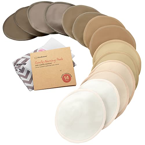 Organic Breast Pads - 14 Viscose Derived from Bamboo Washable Pads + Wash Bag, 3-Layers Breastfeeding Nipple Pad for Maternity, Reusable Nipplecovers for Breast Feeding(Soft White Lite, XL 5.5")