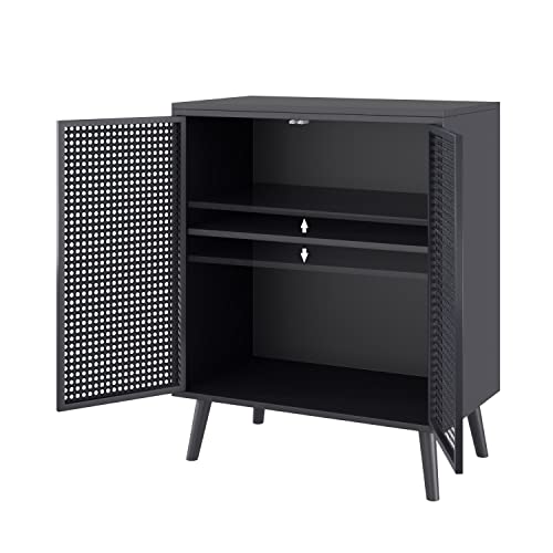 JZXSHD Buffet Cabinet, Metal Rattan Sideboard Kitchen Storage Cabinet Accent Modern Buffet Sideboard 2 Doors for Kitchen Room Living Room Hallway, Black
