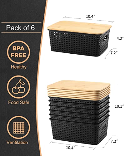 NEATJELAI Storage Bins With Lids 6 Packs Plastic Storage Containers With Bamboo Lids Stackable Storage Baskets for Organizing Desktop Closet Playroom Classroom Office, Black