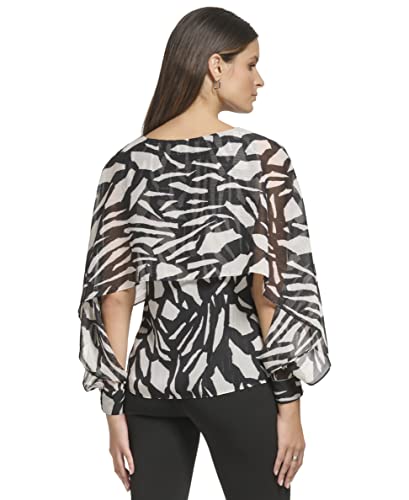 DKNY Women's Long Caped Sleeve Blouse, Black Multi, XS