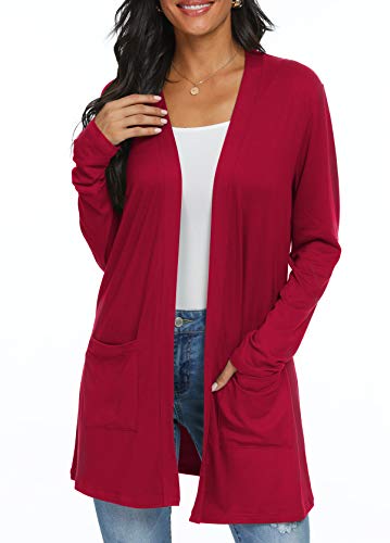 QIXING Women's Casual Lightweight Cardigan Long Sleeve Soft Draped Ruffles Open Front Cardigan Purple Red-M