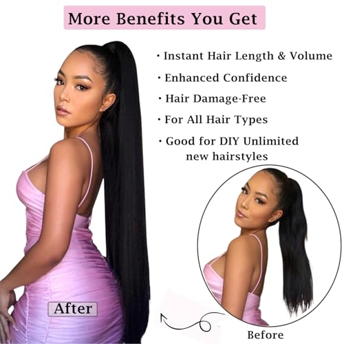 Kediciz Ponytail Extension Warp Around Pony Tail with Hair Tie 24inch Long Synthetic Yaki Straight Braiding Hair Ponytail DIY Braided for Women Girls Daily Party Cosplay,Black Brown