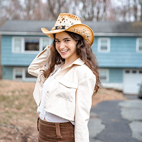 TOVOSO Straw Cowboy Hat for Women and Men with Shape-It Brim, Western Cowboy Hat, Beads - Tea Stain