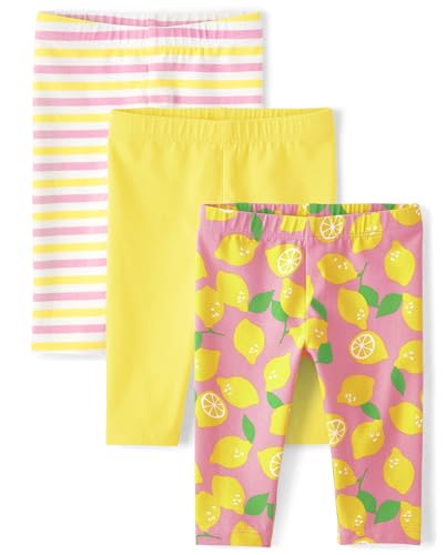 The Children's Place Baby Girls' and Toddler Multipack Capri Leggings, Lemon Daisies 3-Pack, 12-18 Months